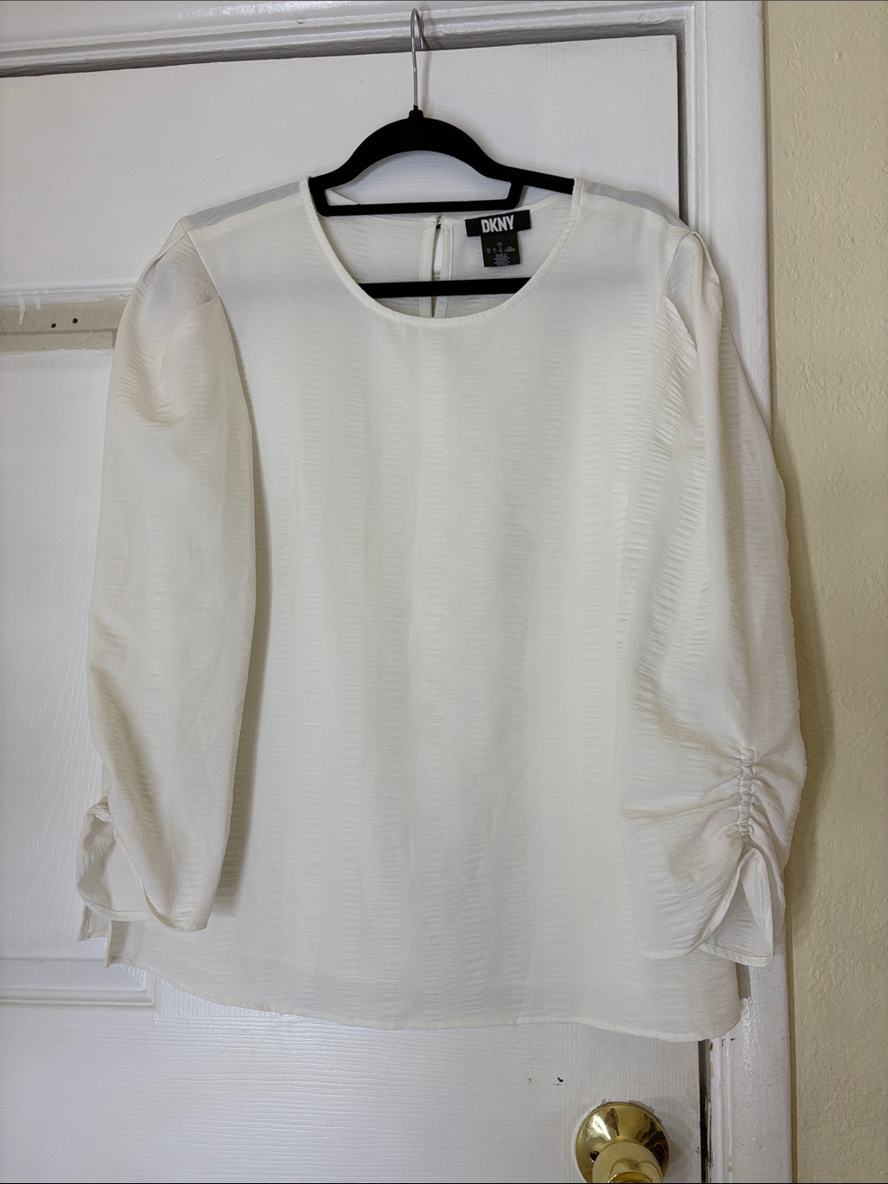 DKNY Cream Textured Blouse with Ruched Sleeve Ties